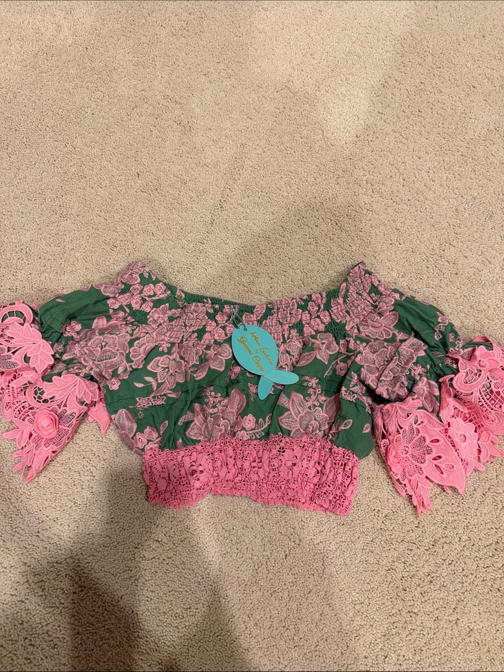 Antica santoria -Floral Off-Shoulder Crop Top - Pink & Green